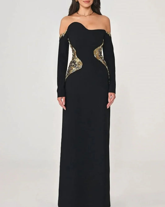Customized Modern Style Women Jersey Rhinestone Pleat Straight Evening Dresses Classic Off-the-shoulder Floor Lenght Party Gowns