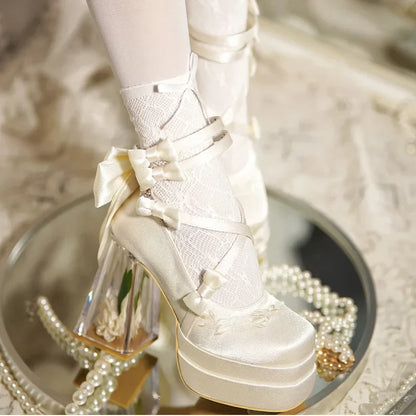 Original Lolita Red High Heels Women's Sweet Elegant Bow Velvet Mary Jane Shoes Ladies Birthday Party Cos Platform Shoes Spring