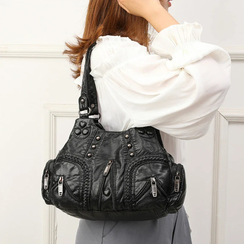 Black Y2k Women Shoulder Bag Vintage Punk Goth Fashion Designer Pu Leather Tote Bag Large Capacity Rivet Motorcycle Handbag