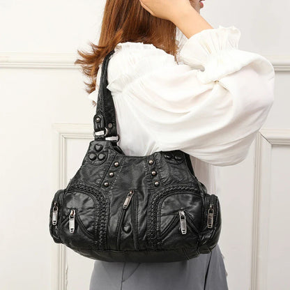 Black Y2k Women Shoulder Bag Vintage Punk Goth Fashion Designer Pu Leather Tote Bag Large Capacity Rivet Motorcycle Handbag