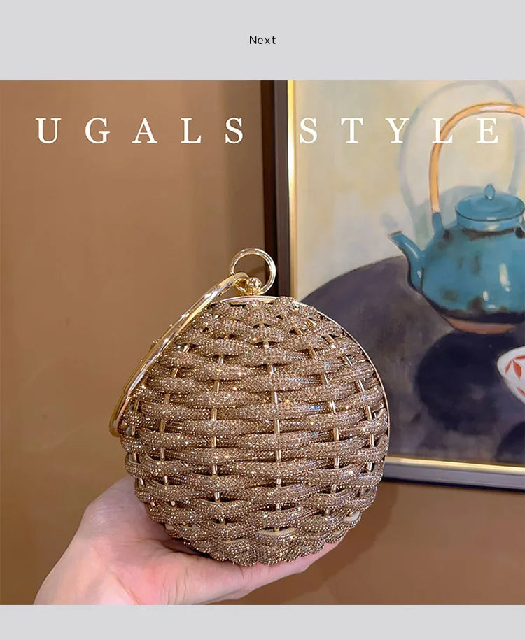 Ball Shape Evening Bag Women Woven Handbag Glitter Rhinestone Woven Knitted Purse Elegant Wedding Prom Party Clutch Shoulder Bag