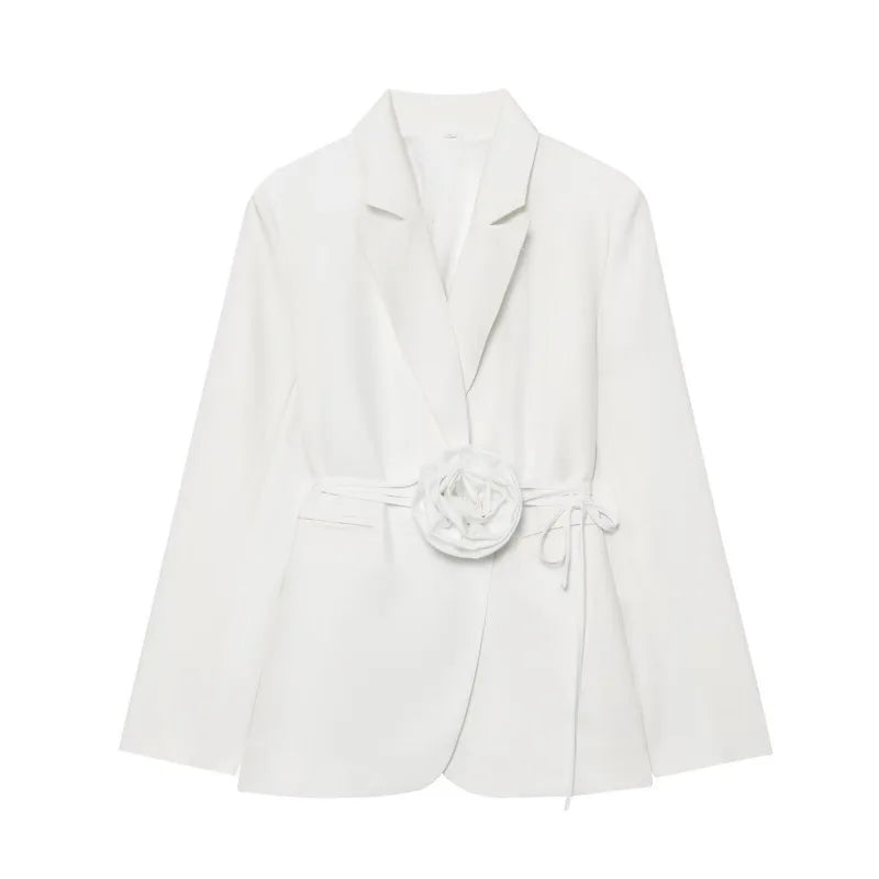 Women Notched Lapel Blazer with Floral Rose Belt Waist Tie Slim Long Sleeve Suit Jacket