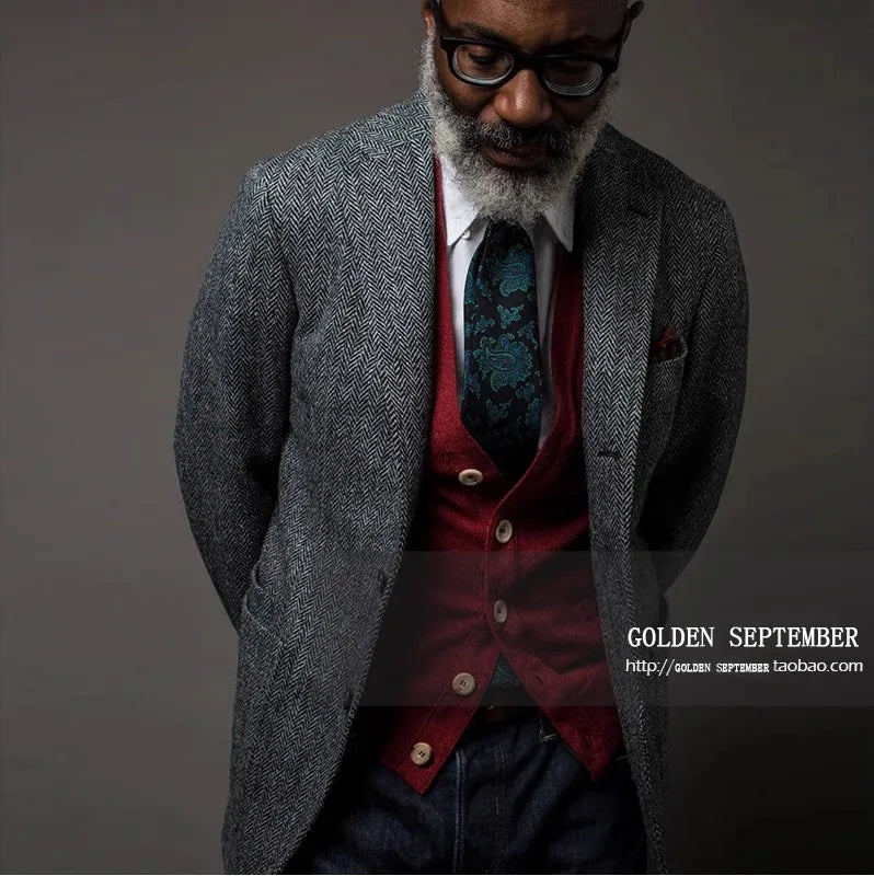 Uncle Nick's Wooster-Style Suit, Autumn and Winter Vintage Tweed Wool Herringbone Pattern Men's Blazer Suit