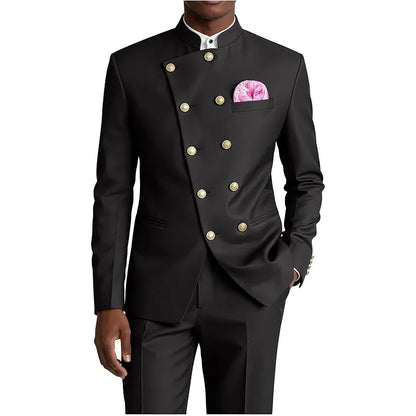 Men's Chinese Style Suit 2 Piece Brown Mandarin Collar Double Breasted With Gold Buttons Formal Jacket Pants For Business Weddin