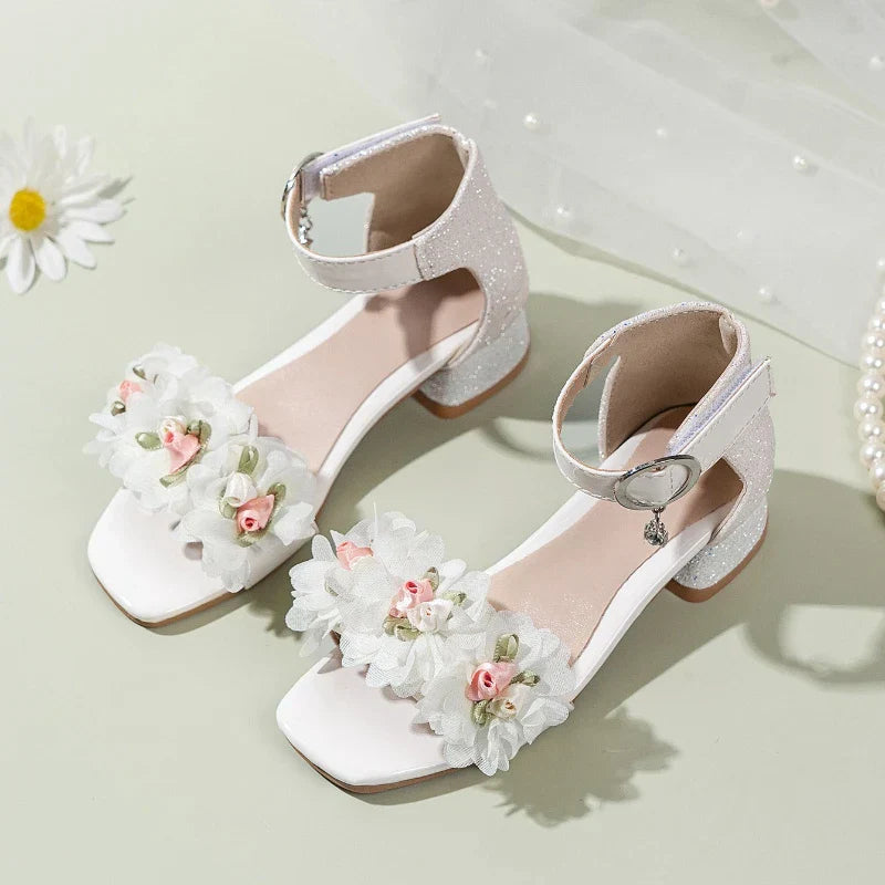 2026 Summer Kids Elegant Sandals New Sequins Girls Catwalk Shoes for Wedding Party Fashion Flower Children's Princess High Heels