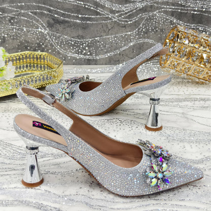 Olive-Green Pointed-Toe Women's High Heels Shoes and Bags for Party Rhinestone Evening Elegant Luxury Handbag