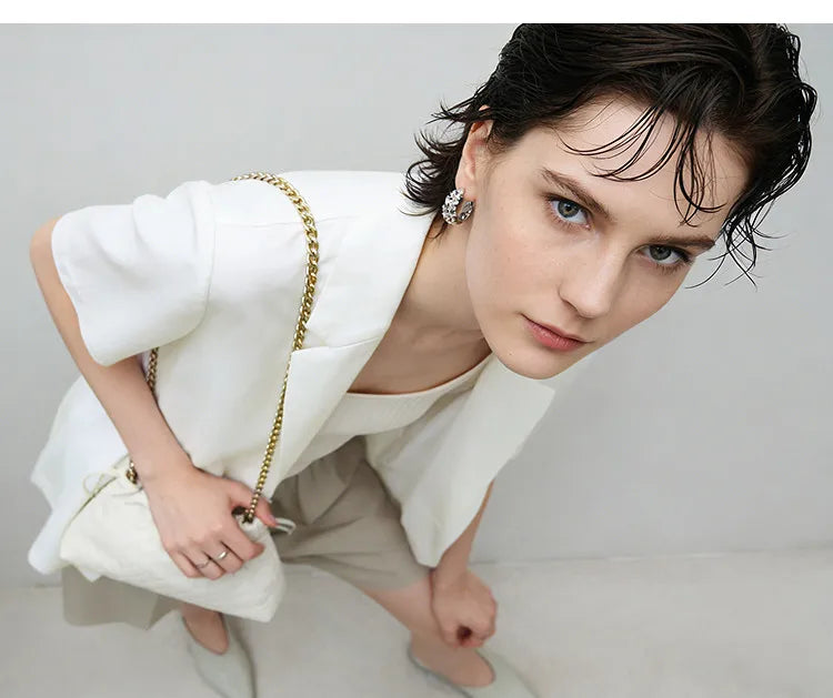 Women's Blazer 2026 Summer New Notched Lapel Chiffon Splicing Short Sleeve Jacket Women's Single Button Casual Top 12622126