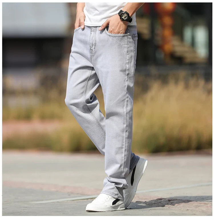 2026 Summer Brand New Men's Straight Loose Thin Jeans Simple Casual Clothing Lightweight Cotton Stretch Light Grey Jeans