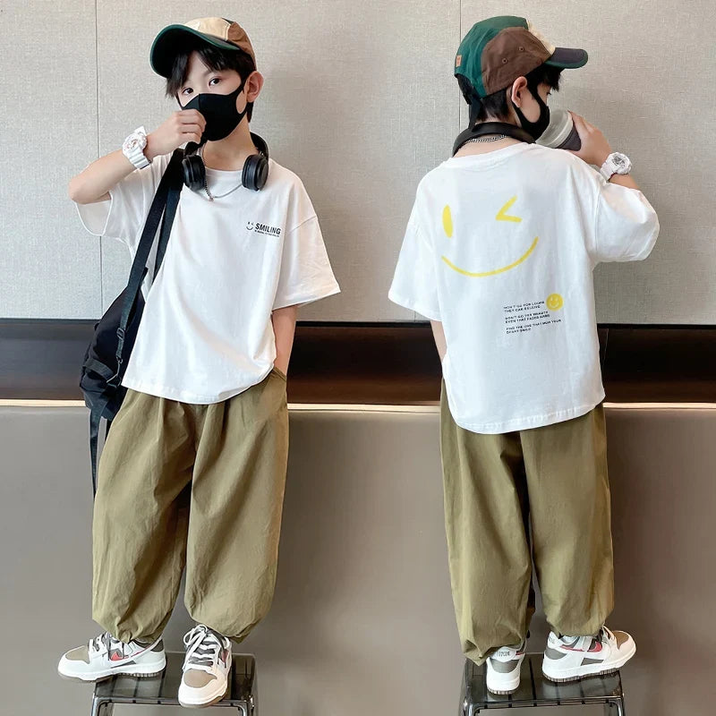 Teens Children's Summer Sets for Boys Clothing Cotton Set 2025 New Fashion Kids Loose Handsome T-shirt+ Lantern Pants Set Outfit