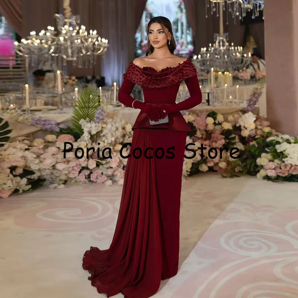 Mermaid Saudi Dress Trumpet Long Sleeves Off The Shoulder Floor Length Women's Evening Dresses Beading Wedding Party Dress