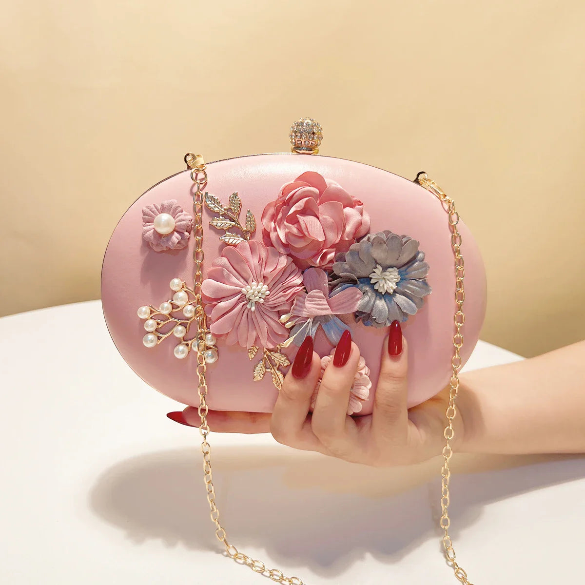 Flower Evening Bags Pink Color Women Small Clutch Purse With Chain Shoulder Flap Design Diamonds Beading Box
