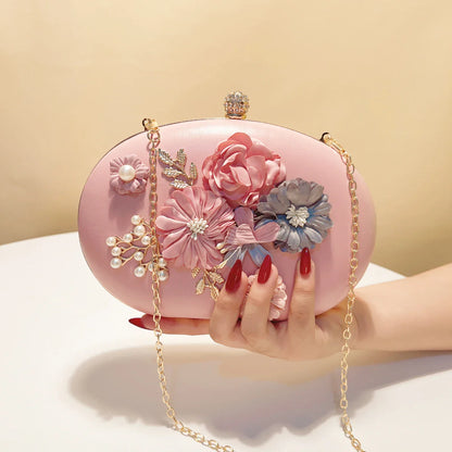 Flower Evening Bags Pink Color Women Small Clutch Purse With Chain Shoulder Flap Design Diamonds Beading Box