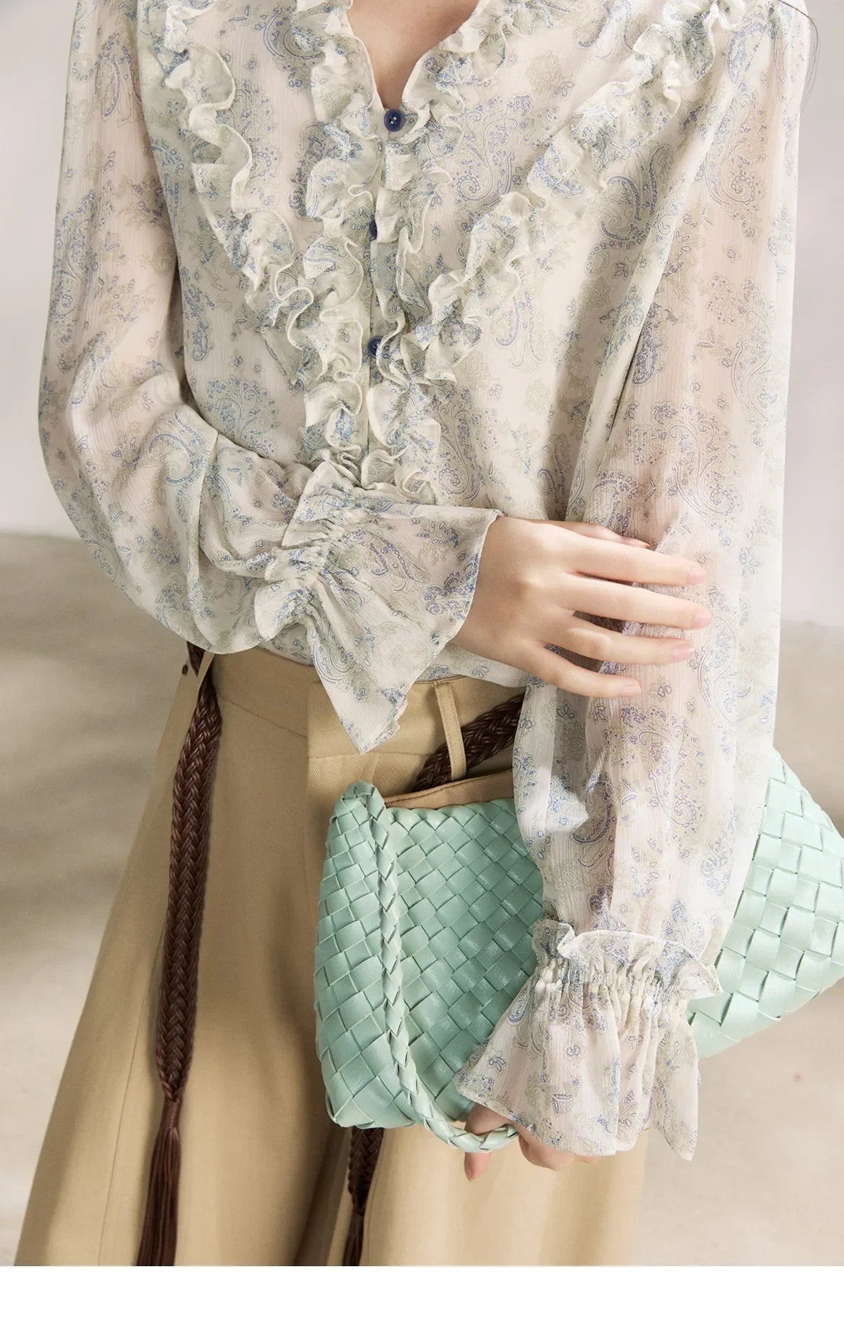 Women's Light Blue Paisley Print Ruffle Blouse V-neck Sheer Long Sleeve Chiffon Shirt Casual Summer Wear MXF13X2549