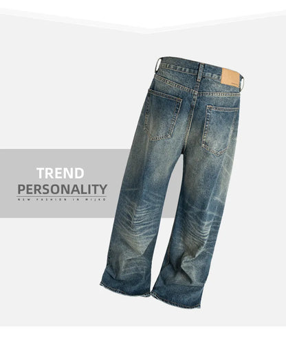 Unisex Retro Washed Aged Ripped Straight Leg Blue Jeans Torn Hole Z029#
