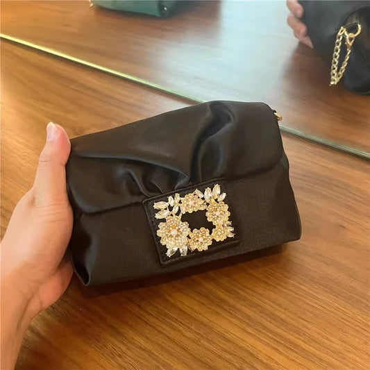 Luxury Satin Pleated Cloud Bag Glitter Shiny Diamonds Evening Bag Fashion Women Handbag Wedding Party Clutch Purse Shoulder Bag