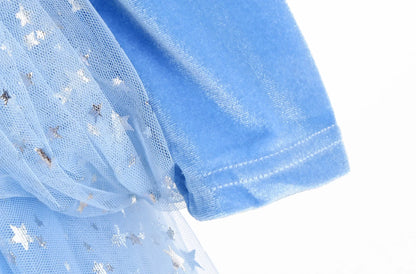 Girl Cinderella Dress Long Sleeve Princess Cosplay Costume Blue Sequin Children Bithday Surprise Kids Ball Gown