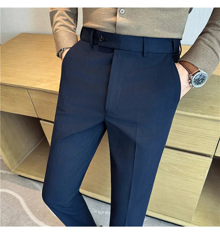 Autumn Winter Thicken Elastic Waist Casual Suit Pants High Quality Men Woven Dark Striped Slim Fit Office Social Dress Trousers
