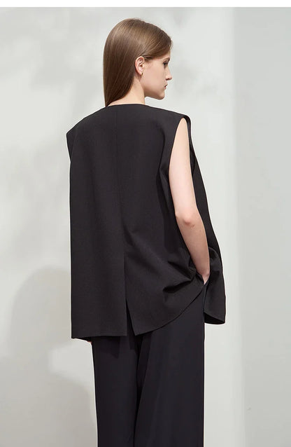 Minimalism England Style Vest Women 2025 Autumn New Gentle Commuter Versatile Sleeveless Loose Mid-Length Vest 12521012