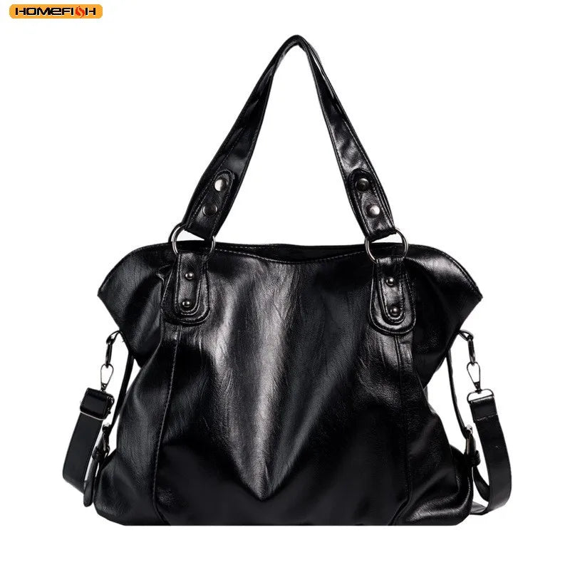 Capacity Black Shoulder Bags For Women Large Shopper Bag Solid Color Soft Leather Crossbody Handbag Travel Tote Bag
