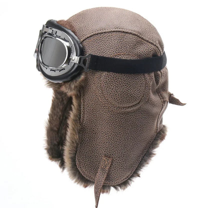 Winter Men Bomber Hat With Goggles Outdoor Motorcycle Windproof Warm Faux Fur Pilot Earflap Hat Leather Thermal Ushanka