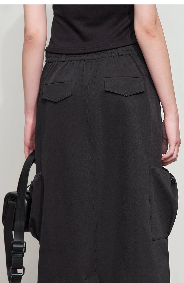 Minimalist Women Clothing Skirt 2025 Autumn New Casual Loose Multi-pocket Drawstring Elastic Waist Long Skirt 12522020