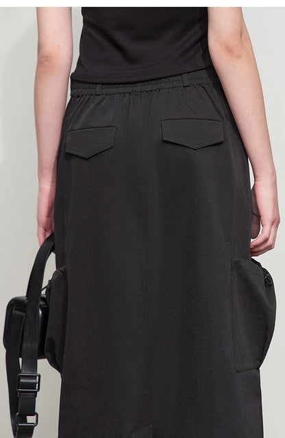 Minimalist Women Clothing Skirt 2025 Autumn New Casual Loose Multi-pocket Drawstring Elastic Waist Long Skirt 12522020