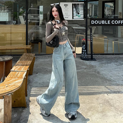 High Waisted Wide Leg Jeans Women Cotton Retro Denim Y2k Loose Fashion Design Sense Pant Streetwear Baggy Straight Trouser Woman
