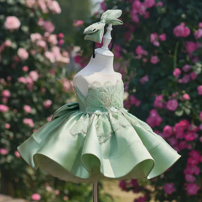 Customized Flower Girl Dress For Wedding Glitter Bow Bow Sleeveless Knee Length Luxury Kids Birthday First Communion Gown