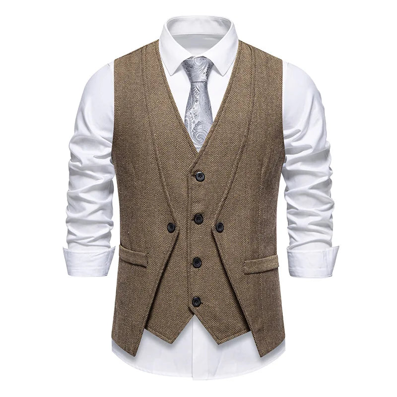 Waistcoat Man British Style Turn Down Collar Men Vest Slim Solid Double-breasted Sleeveless Versatile Male Suit Vest