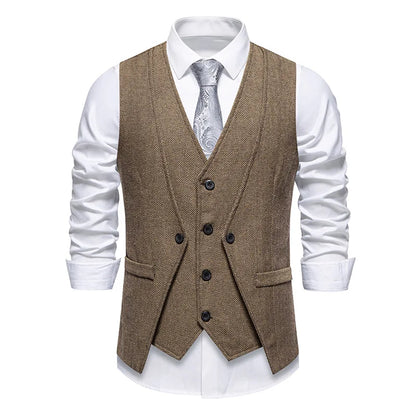 Waistcoat Man British Style Turn Down Collar Men Vest Slim Solid Double-breasted Sleeveless Versatile Male Suit Vest