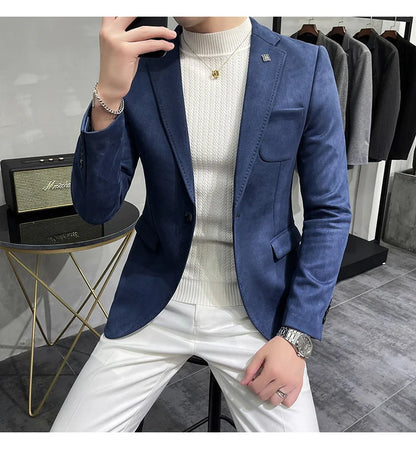 Plus Size 4XL-M Autumn Deerskin Velvet Jackets Blazer 6 Color Men Business Slim Blazers Hommes Casual Wedding Tuxedo Suit Coat