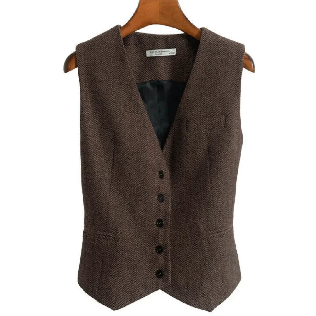 Women Vest Brown Fashion Vintage Herringbone Single Breasted Slim Fit Business Casual Profession Work Women Waistcoat