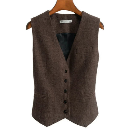 Women Vest Brown Fashion Vintage Herringbone Single Breasted Slim Fit Business Casual Profession Work Women Waistcoat