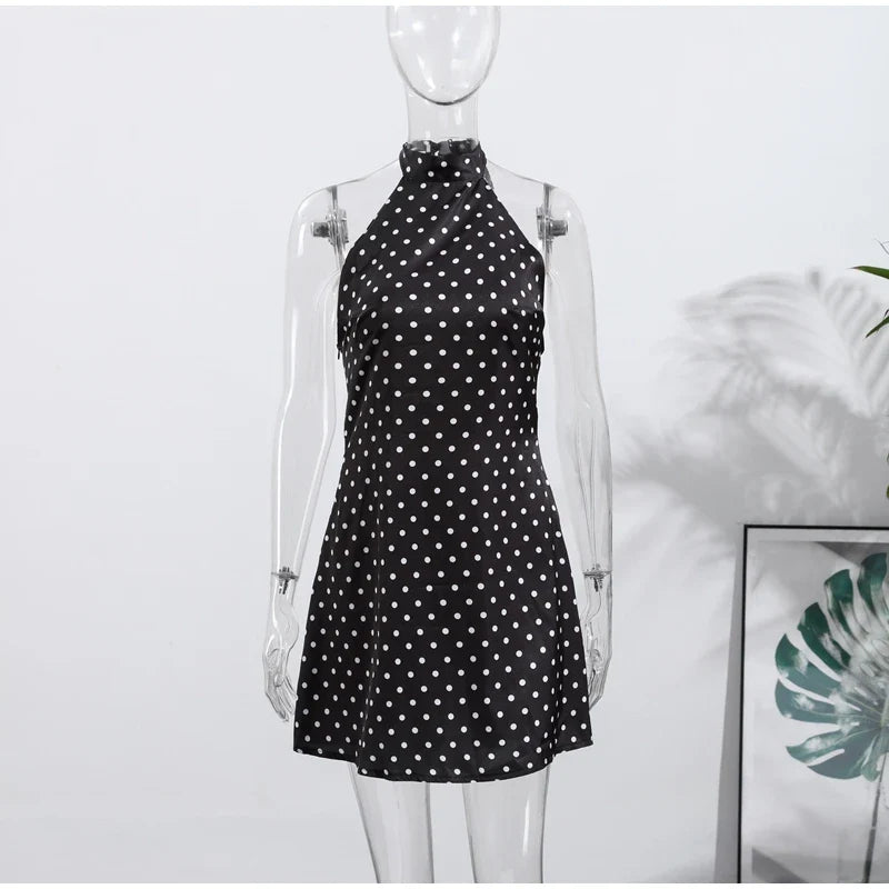 Fashion Lace Up Polka Dot Mini Dress Women Square Collar Short Sleeve Satin Party Dresses2026 Summer Lady Elegant Beach Robe New