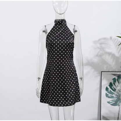 Fashion Lace Up Polka Dot Mini Dress Women Square Collar Short Sleeve Satin Party Dresses2026 Summer Lady Elegant Beach Robe New