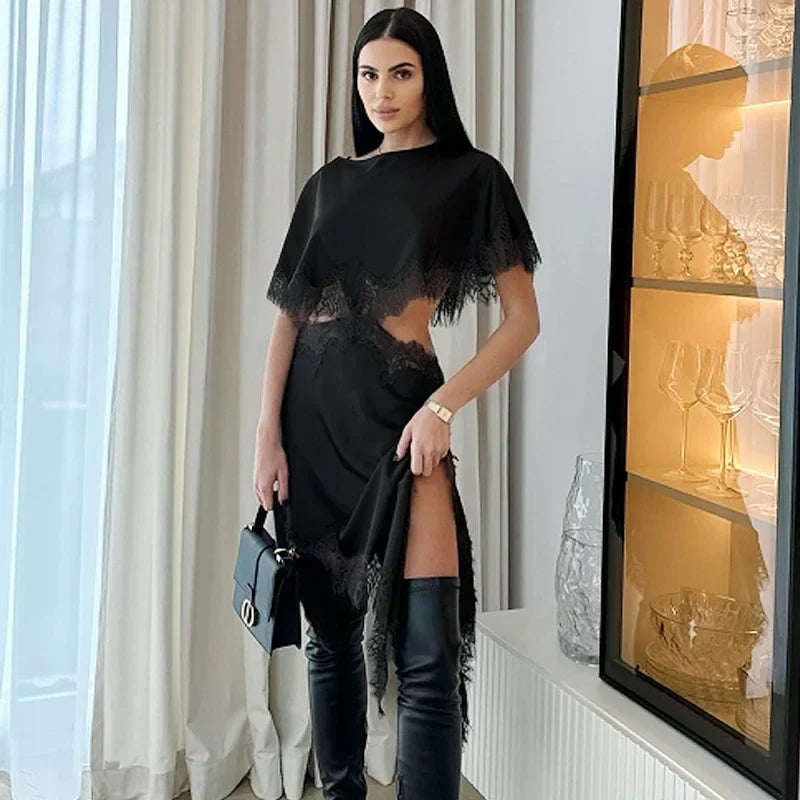 Cut Out Black Dress Woman Asymmetrical Lace Midi Dress Cape Sleeve Elegant Party Dresses Women Sexy Luxury Cocktail Dress