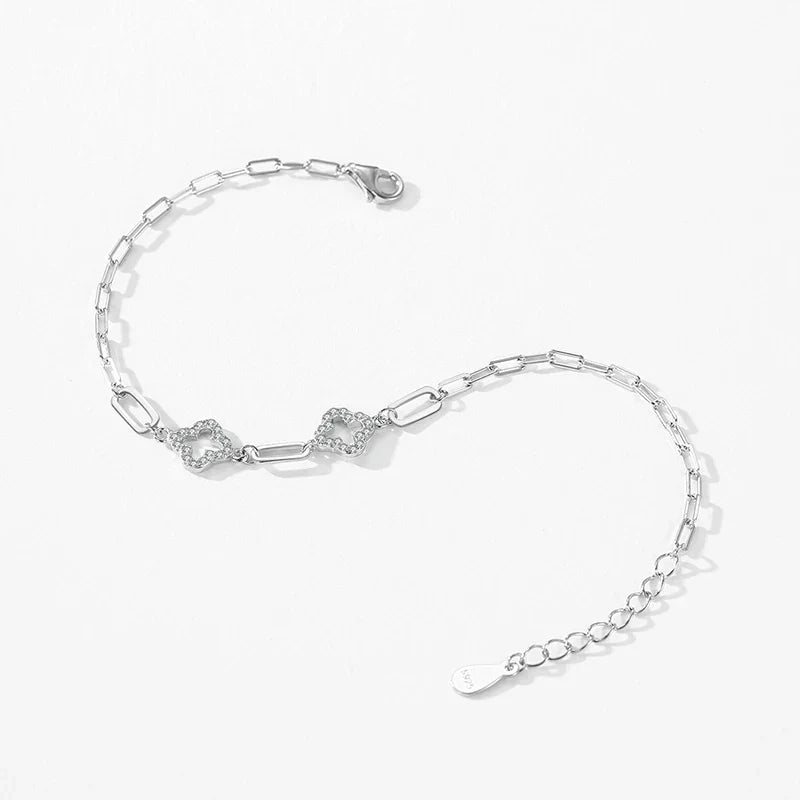 Real 925 Sterling Silver Charm Lucky Grass Cubic Zirconia Adjustable Bracelet For Women Classic Wedding Statement Jewelry