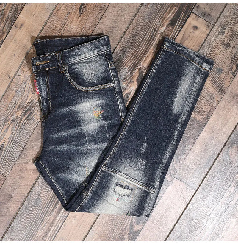 Fashion Streetwear Men Jeans Retro Black Blue Elastic Slim Fit Ripped Jeans Men Spliced Designer Embroidery Hip Hop Denim Pants