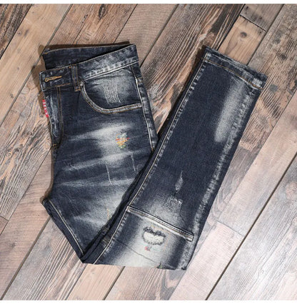 Fashion Streetwear Men Jeans Retro Black Blue Elastic Slim Fit Ripped Jeans Men Spliced Designer Embroidery Hip Hop Denim Pants