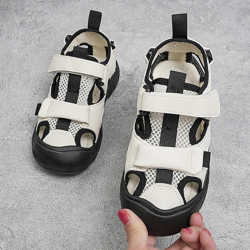 Kids'Casual Shoes Sandals PU Leather Summer Shoes For Boys Hook and Loop Color-Blocking Anti-slip Blue Black Shoes Size 26-37