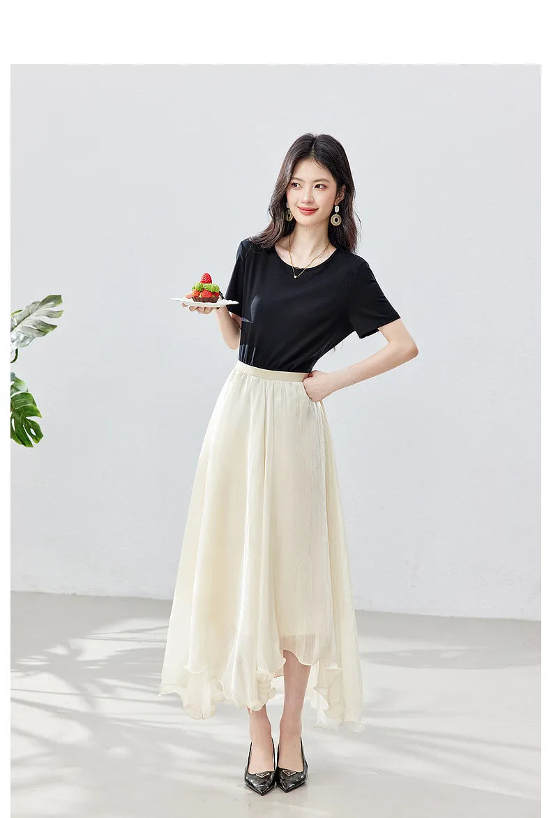 French A-line Shimmer Skirt for Women 2026 Summer New Fashion Irregular Ruffle Hem Elegant Office Maxi Skirt Bottoms 30813