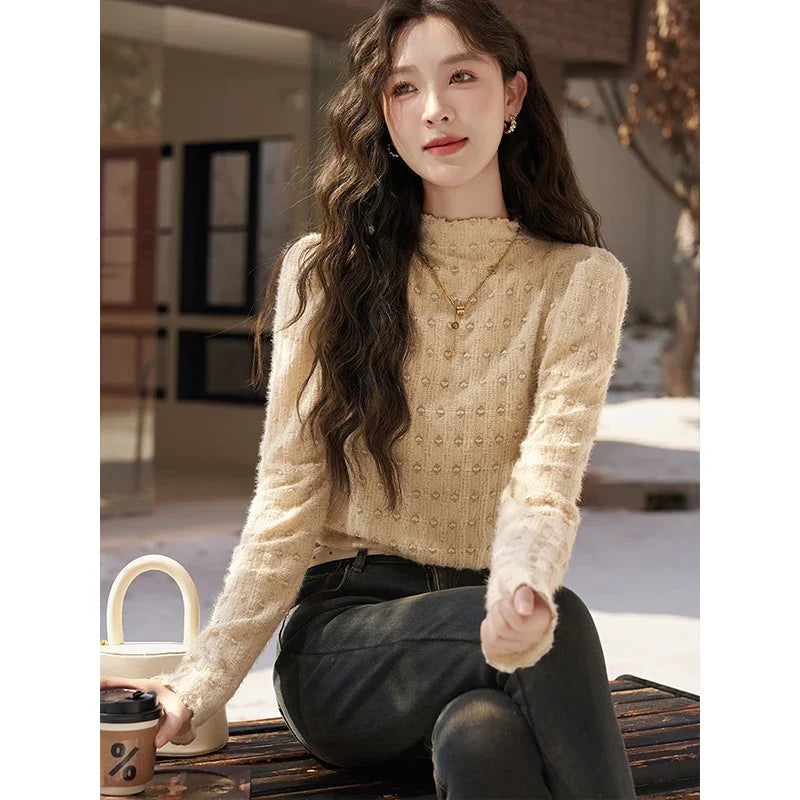 Lace Bottoming Shirt Women Autumn Winter Mock Neck Long Sleeve Knitted Pullover French Warm Inner Top Female MXC58Z0481