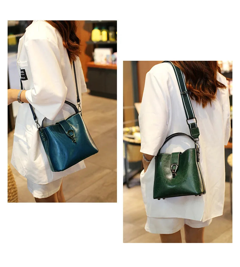 Real Cowhide Leather Women's New Bucket Bag Lady Fashion Single Shoulder Messenger Bag Versatile Handbag Casual Crossbody Bags
