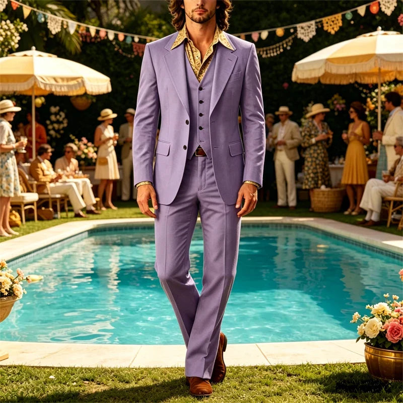 Retro Men's Linen 3 Piece Notch Lapel 2 buttons Jacket Flared Trouser Breathable Elastic for Casual Beach Wedding Groom Tuxedo
