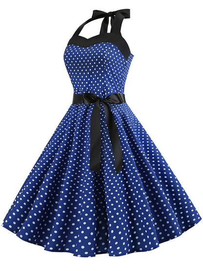 Women Polka Dot Print Summer Dress Sexy Retro White Halter Vintage Dress Robe Femme Pin Up Rockabilly Party Dress