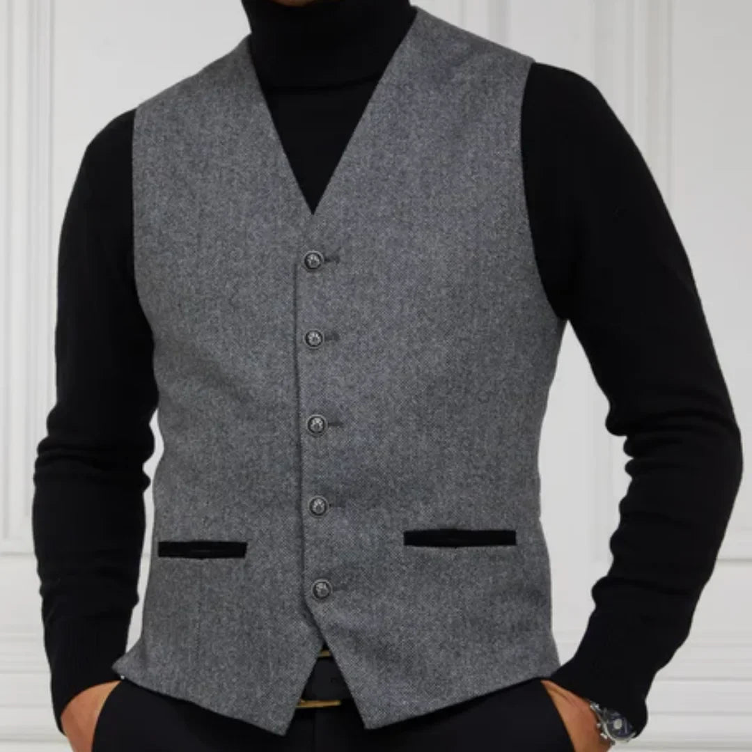 Men Vest Gray Herringbone With Black Pocket V Neck Waistcoat For Wedding Banquet Party Business Office Daily Casual Men Suit