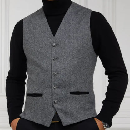 Men Vest Gray Herringbone With Black Pocket V Neck Waistcoat For Wedding Banquet Party Business Office Daily Casual Men Suit