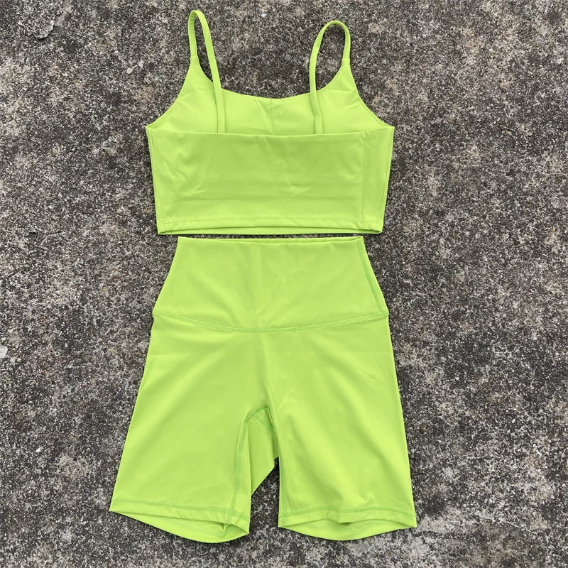 Yoga Clothes Set 2 Piece Gym Sports Shorts Set Women Sexy Back Bra Top High Waist Shorts Fitness Suit Running Workout Tracksuit
