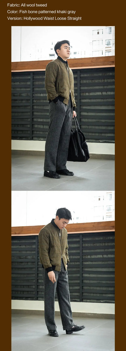 American Vintage Hollywood Waist Wool Tweed Casual Pants Hollywood Classic Loose Straight Leg Pants