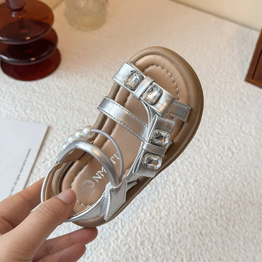 Girls' rhinestone sandals 2025 Summer New children's perforated breathable princess shoes Girls' soft-soled beach shoes